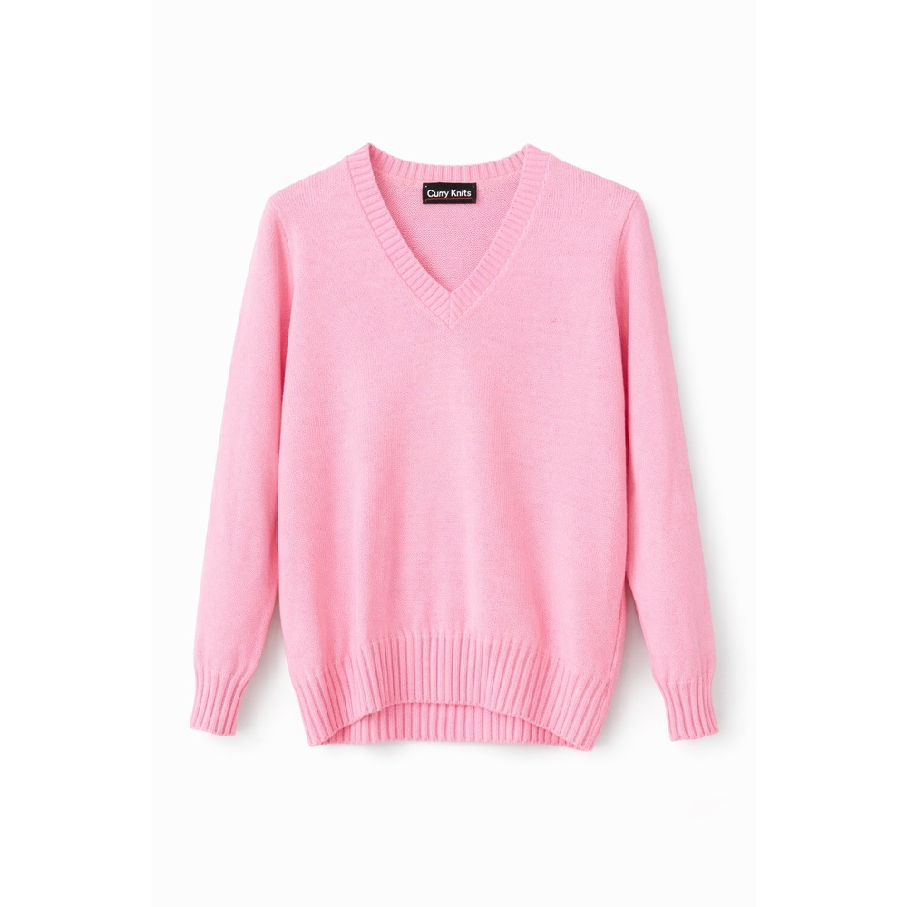 Curry Knits Pink V-Neck Sweater Womens Long Sleeve Ribbed Knit Pullover